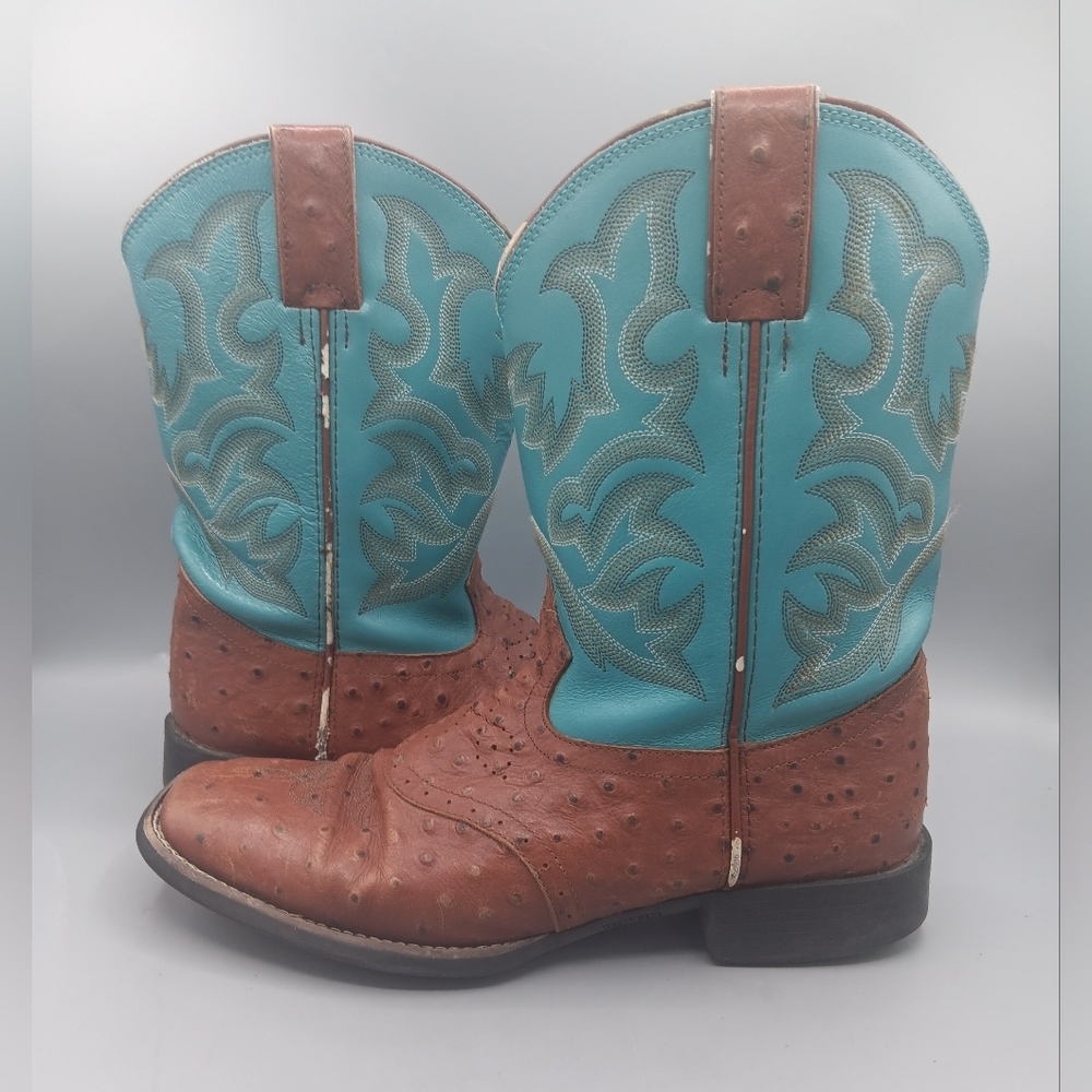 Justin 5527 Ostrich Quill Women's 4 D Boots Exotic Cowboy Western Teal Brown - Picture 8 of 12